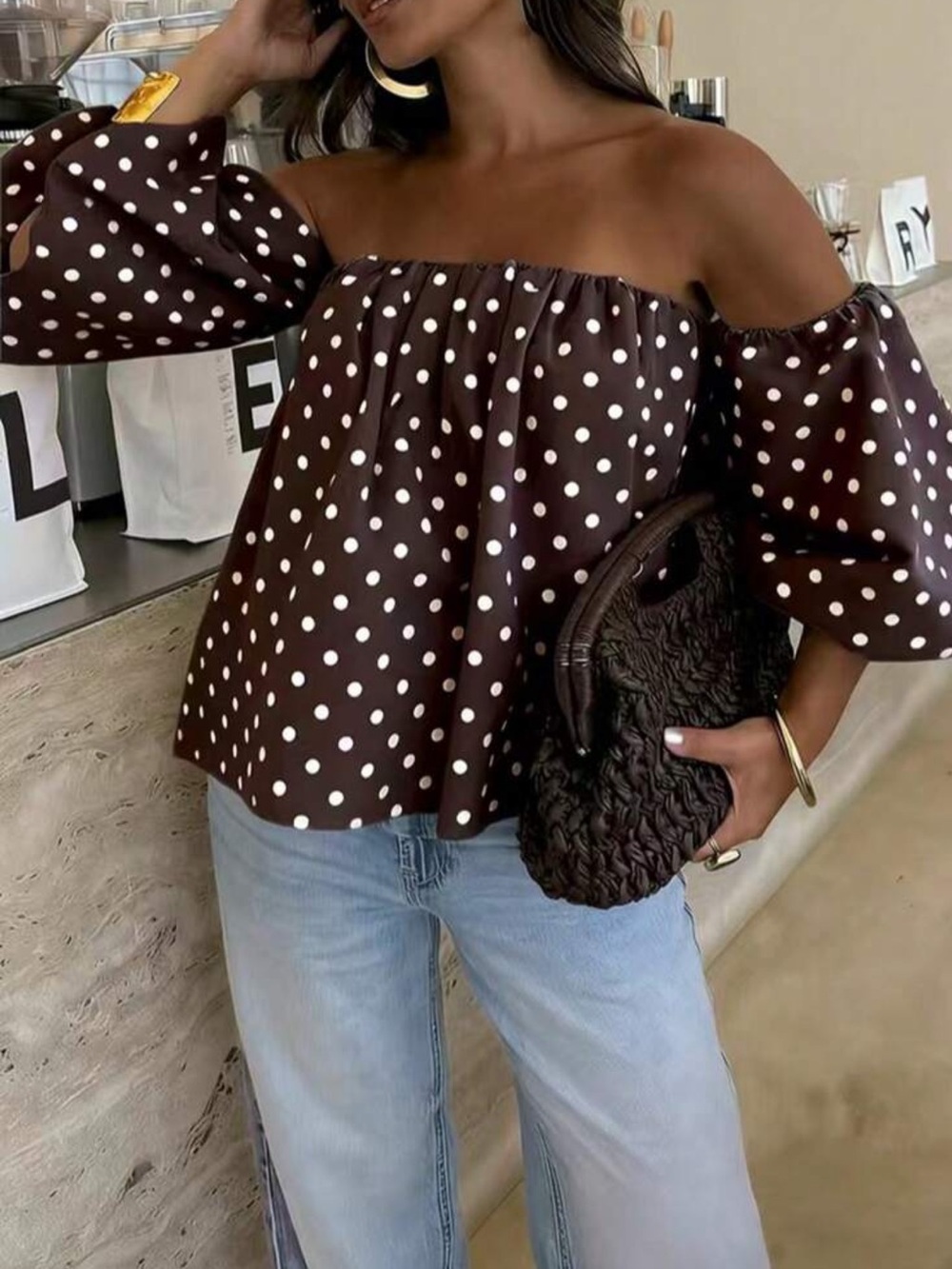 Plus Size Women's Polka Dot Color Woven Fabric Backless Ruffle Off-Shoulder Top, - Picture 4 of 4
